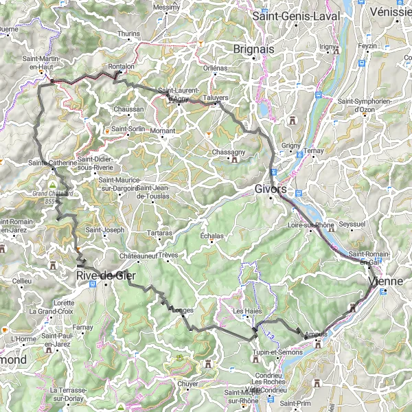 Map miniature of "The Montlys Castle Challenge" cycling inspiration in Rhône-Alpes, France. Generated by Tarmacs.app cycling route planner
