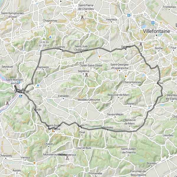 Miniaturní mapa "Road cyklotrasa Saint-Just-Chaleyssin" inspirace pro cyklisty v oblasti Rhône-Alpes, France. Vytvořeno pomocí plánovače tras Tarmacs.app