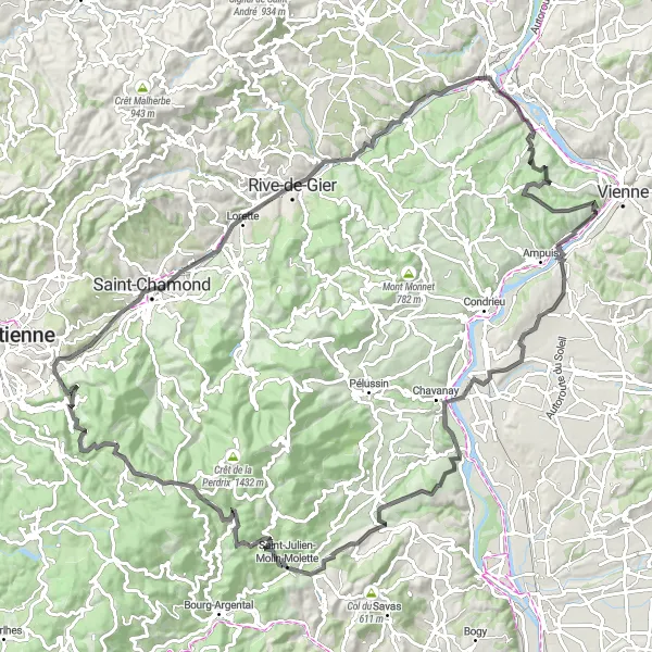Miniatura della mappa di ispirazione al ciclismo "Avventura ciclistica tra Saint-Alban-du-Rhône e Saint-Cyr-sur-le-Rhône" nella regione di Rhône-Alpes, France. Generata da Tarmacs.app, pianificatore di rotte ciclistiche