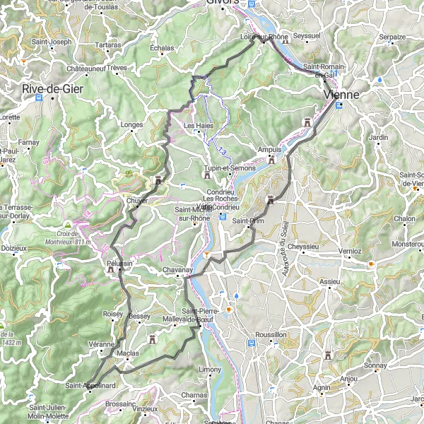 Miniatura della mappa di ispirazione al ciclismo "Percorso ciclabile attraverso il cuore della regione" nella regione di Rhône-Alpes, France. Generata da Tarmacs.app, pianificatore di rotte ciclistiche
