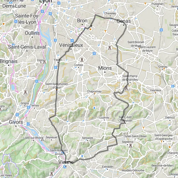 Map miniature of "The Rhône River Loop" cycling inspiration in Rhône-Alpes, France. Generated by Tarmacs.app cycling route planner