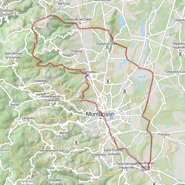 Miniatura della mappa di ispirazione al ciclismo "Esplorazione Naturale tra Montbrison e Saint-Romain-le-Puy" nella regione di Rhône-Alpes, France. Generata da Tarmacs.app, pianificatore di rotte ciclistiche