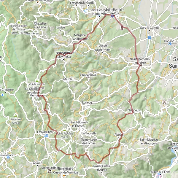 Map miniature of "Exploring the Forez Mountains" cycling inspiration in Rhône-Alpes, France. Generated by Tarmacs.app cycling route planner