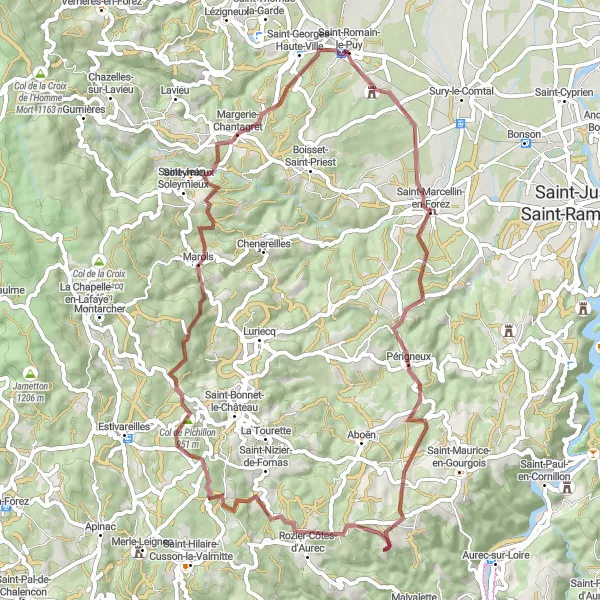 Miniatuurkaart van de fietsinspiratie "Gravelavontuur door Saint-Romain-le-Puy en omgeving" in Rhône-Alpes, France. Gemaakt door de Tarmacs.app fietsrouteplanner