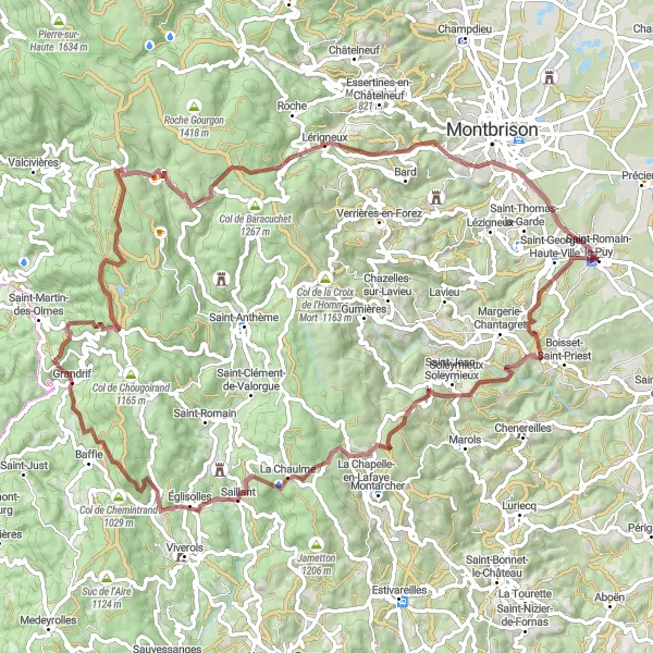 Kartminiatyr av "Grusvägar runt Saint-Romain-le-Puy" cykelinspiration i Rhône-Alpes, France. Genererad av Tarmacs.app cykelruttplanerare