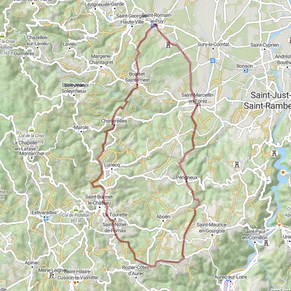 Map miniature of "Gravel Adventure in the Forez Mountains" cycling inspiration in Rhône-Alpes, France. Generated by Tarmacs.app cycling route planner