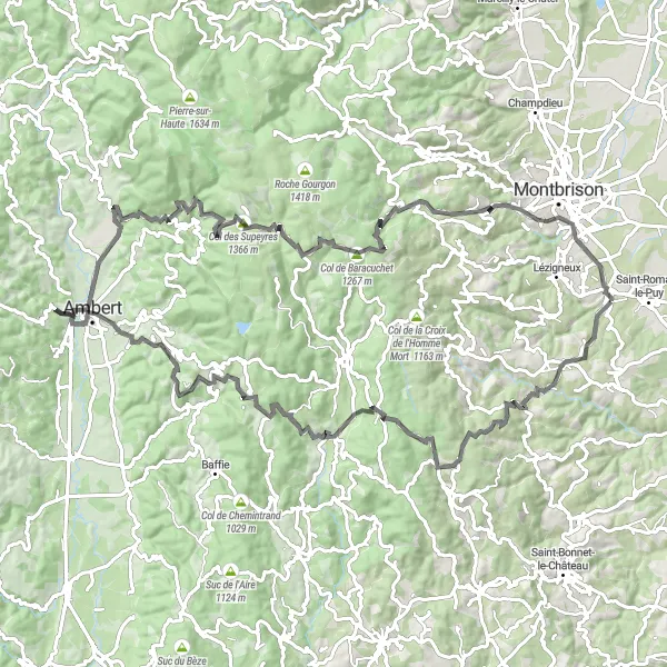 Map miniature of "Ultimate Road Cycling Challenge in the Forez Mountains" cycling inspiration in Rhône-Alpes, France. Generated by Tarmacs.app cycling route planner