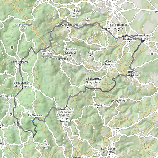 Miniature de la carte de l'inspiration cycliste "Le Charme des Colines de Saillant" dans la Rhône-Alpes, France. Générée par le planificateur d'itinéraire cycliste Tarmacs.app