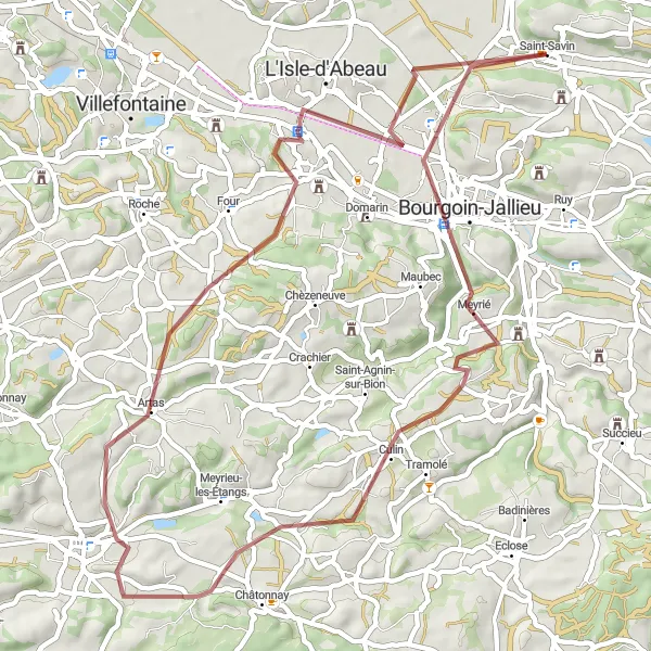 Map miniature of "Gravel Adventure to Saint-Savin-La Gare" cycling inspiration in Rhône-Alpes, France. Generated by Tarmacs.app cycling route planner