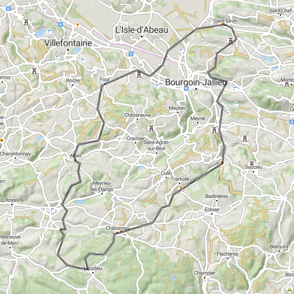 Karttaminiaatyyri "Reitti Nivolas-Vermellen ja takaisin" pyöräilyinspiraatiosta alueella Rhône-Alpes, France. Luotu Tarmacs.app pyöräilyreittisuunnittelijalla