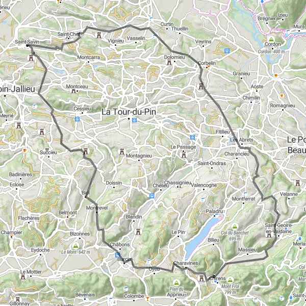 Miniaturekort af cykelinspirationen "Landevejscykelrute til Col de Rossatière og Saint-Savin" i Rhône-Alpes, France. Genereret af Tarmacs.app cykelruteplanlægger