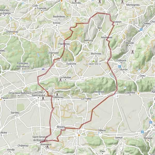 Miniature de la carte de l'inspiration cycliste "Boucle des Collines de l'Isère" dans la Rhône-Alpes, France. Générée par le planificateur d'itinéraire cycliste Tarmacs.app
