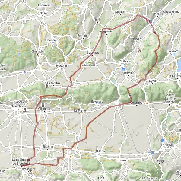 Miniature de la carte de l'inspiration cycliste "Les Châteaux de la Bresse" dans la Rhône-Alpes, France. Générée par le planificateur d'itinéraire cycliste Tarmacs.app