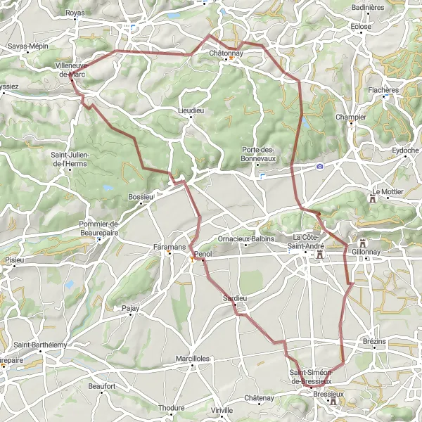 Miniature de la carte de l'inspiration cycliste "Parcours des Vallées" dans la Rhône-Alpes, France. Générée par le planificateur d'itinéraire cycliste Tarmacs.app
