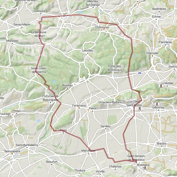 Miniature de la carte de l'inspiration cycliste "Exploration des Vallées Riches" dans la Rhône-Alpes, France. Générée par le planificateur d'itinéraire cycliste Tarmacs.app