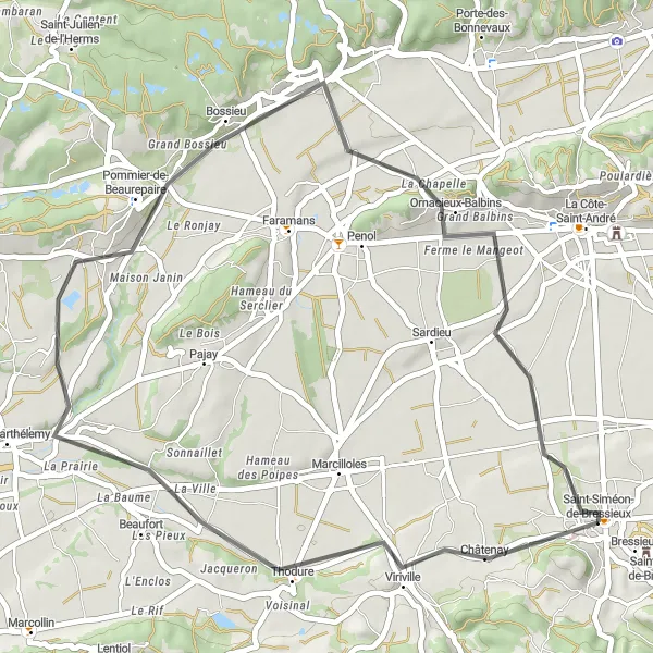 Miniature de la carte de l'inspiration cycliste "Boucle de Viriville" dans la Rhône-Alpes, France. Générée par le planificateur d'itinéraire cycliste Tarmacs.app