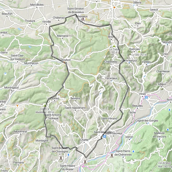 Miniature de la carte de l'inspiration cycliste "Les Collines de Bressieux" dans la Rhône-Alpes, France. Générée par le planificateur d'itinéraire cycliste Tarmacs.app