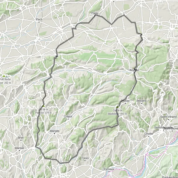 Miniature de la carte de l'inspiration cycliste "Route du Belvédère" dans la Rhône-Alpes, France. Générée par le planificateur d'itinéraire cycliste Tarmacs.app