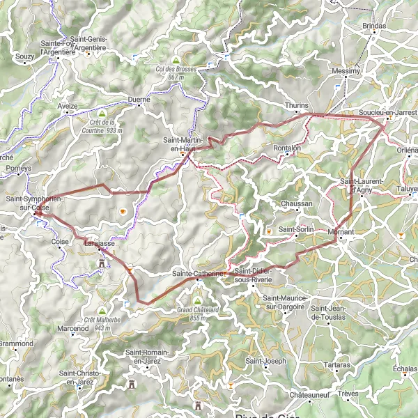 Karttaminiaatyyri "Seikkailu hiekkateillä ja maaseudulla" pyöräilyinspiraatiosta alueella Rhône-Alpes, France. Luotu Tarmacs.app pyöräilyreittisuunnittelijalla