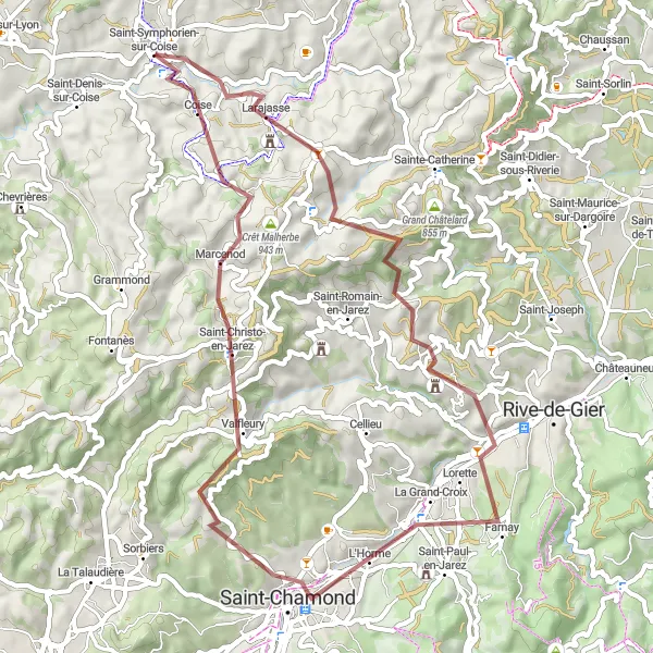 Miniatua del mapa de inspiración ciclista "Ruta de Grava Larajasse - Coise" en Rhône-Alpes, France. Generado por Tarmacs.app planificador de rutas ciclistas