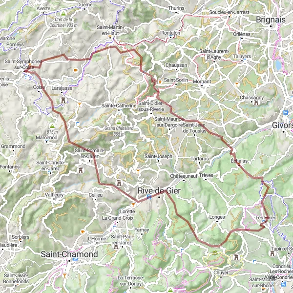 Miniatuurkaart van de fietsinspiratie "Gravelroute naar Crêt Malherbe" in Rhône-Alpes, France. Gemaakt door de Tarmacs.app fietsrouteplanner