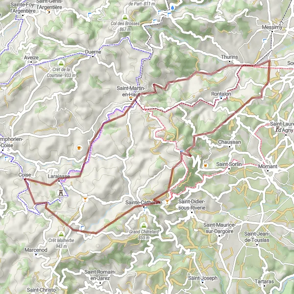 Miniatua del mapa de inspiración ciclista "Ruta de ciclismo de grava cerca de Saint-Symphorien-sur-Coise" en Rhône-Alpes, France. Generado por Tarmacs.app planificador de rutas ciclistas