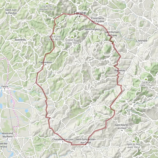 Karttaminiaatyyri "Haastava Saint-Barthélemy-Lestra -reitti" pyöräilyinspiraatiosta alueella Rhône-Alpes, France. Luotu Tarmacs.app pyöräilyreittisuunnittelijalla
