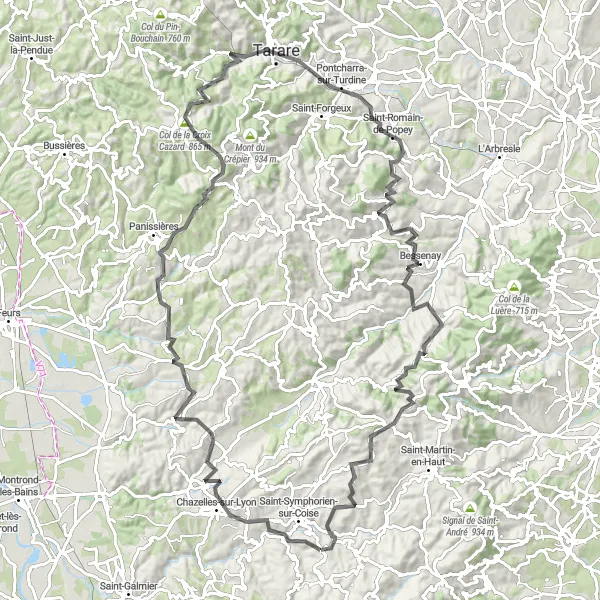 Kartminiatyr av "Panoramavyer runt Saint-Symphorien-sur-Coise" cykelinspiration i Rhône-Alpes, France. Genererad av Tarmacs.app cykelruttplanerare