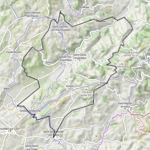 Mapa miniatúra "Okruh cyklotrás s cestnými bicyklami okolo Saint-Symphorien-sur-Coise" cyklistická inšpirácia v Rhône-Alpes, France. Vygenerované cyklistickým plánovačom trás Tarmacs.app