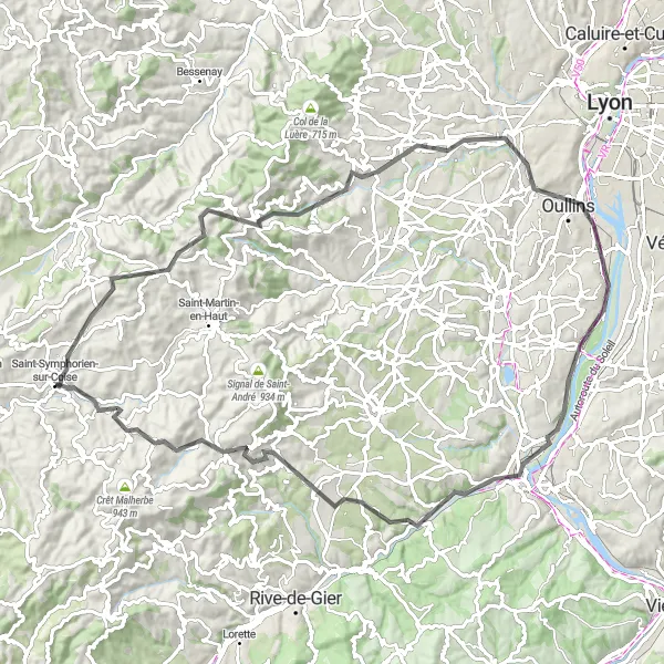 Miniatura della mappa di ispirazione al ciclismo "Giro panoramico tra Saint-Symphorien-sur-Coise" nella regione di Rhône-Alpes, France. Generata da Tarmacs.app, pianificatore di rotte ciclistiche