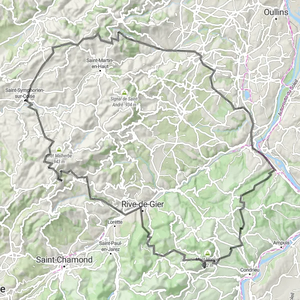 Miniaturní mapa "Okruh kolem Saint-Symphorien-sur-Coise" inspirace pro cyklisty v oblasti Rhône-Alpes, France. Vytvořeno pomocí plánovače tras Tarmacs.app