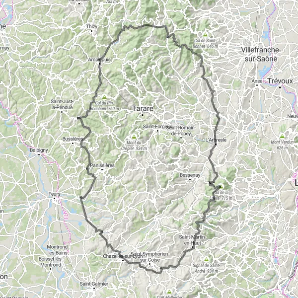 Kartminiatyr av "Runtur genom grönskande landskap" cykelinspiration i Rhône-Alpes, France. Genererad av Tarmacs.app cykelruttplanerare