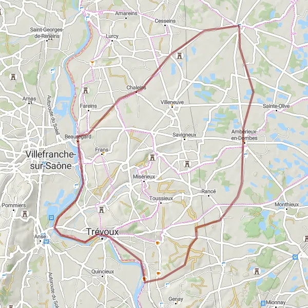 Miniature de la carte de l'inspiration cycliste "Circuit de la Dombes" dans la Rhône-Alpes, France. Générée par le planificateur d'itinéraire cycliste Tarmacs.app