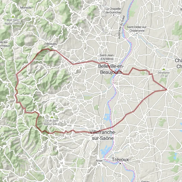 Miniatua del mapa de inspiración ciclista "Ruta de Grava a través de Colinas y Montañas" en Rhône-Alpes, France. Generado por Tarmacs.app planificador de rutas ciclistas