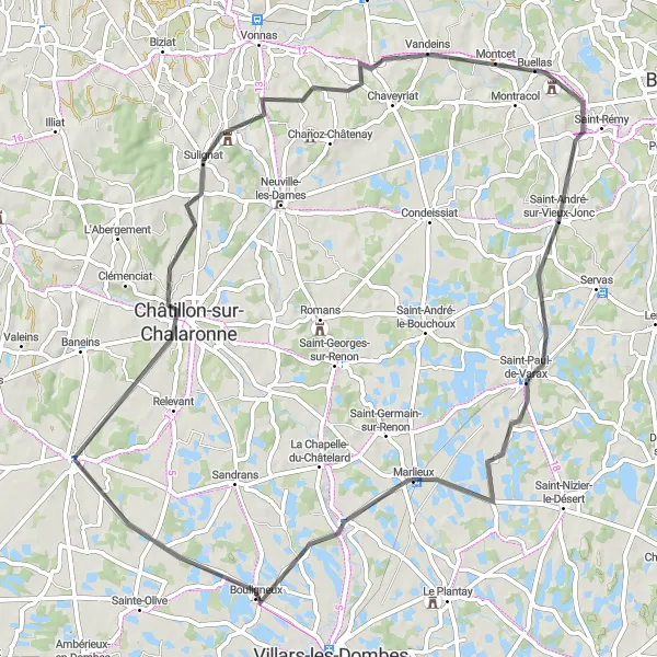 Miniaturní mapa "Okruh kolem Saint-Trivier-sur-Moignans" inspirace pro cyklisty v oblasti Rhône-Alpes, France. Vytvořeno pomocí plánovače tras Tarmacs.app