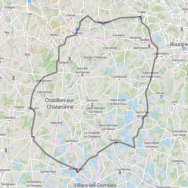 Miniatua del mapa de inspiración ciclista "Ruta campestre a Mézériat" en Rhône-Alpes, France. Generado por Tarmacs.app planificador de rutas ciclistas