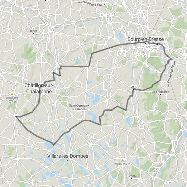 Map miniature of "Hills and Castles" cycling inspiration in Rhône-Alpes, France. Generated by Tarmacs.app cycling route planner