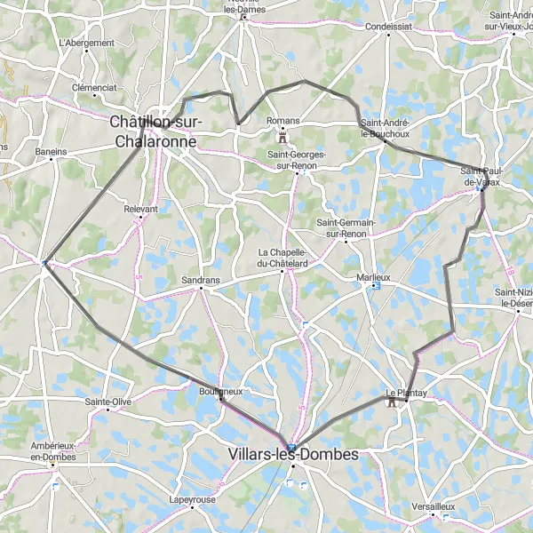 Map miniature of "Châtillon-sur-Chalaronne and beyond" cycling inspiration in Rhône-Alpes, France. Generated by Tarmacs.app cycling route planner