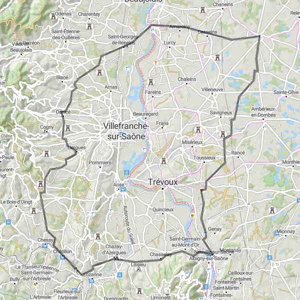 Mapa miniatúra "Umiestnenie jazdenia okolo Saint-Trivier-sur-Moignans" cyklistická inšpirácia v Rhône-Alpes, France. Vygenerované cyklistickým plánovačom trás Tarmacs.app