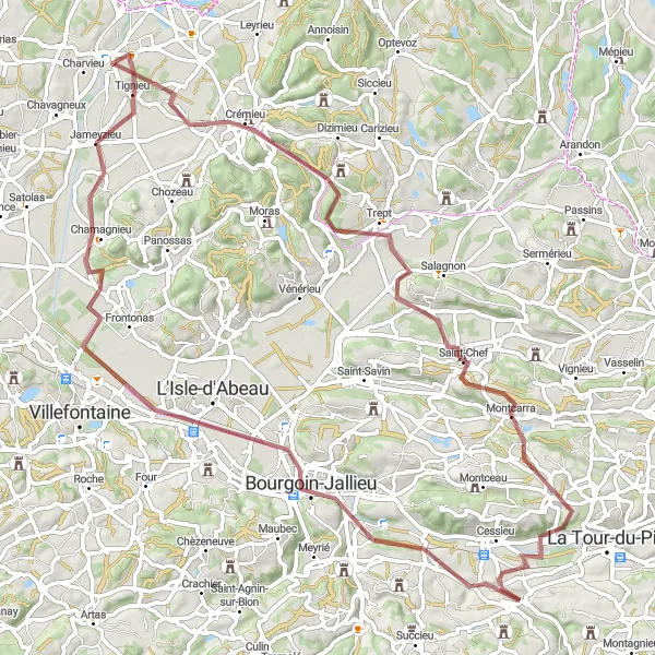 Miniatura della mappa di ispirazione al ciclismo "Giro in bicicletta Gravel tra Bourgoin-Jallieu e Rochetoirin" nella regione di Rhône-Alpes, France. Generata da Tarmacs.app, pianificatore di rotte ciclistiche