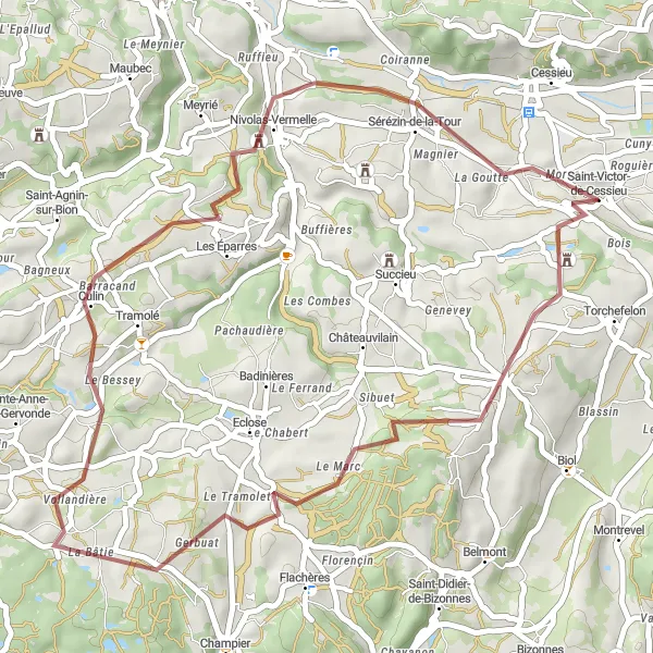 Miniaturní mapa "Gravel Route from Saint-Victor-de-Cessieu" inspirace pro cyklisty v oblasti Rhône-Alpes, France. Vytvořeno pomocí plánovače tras Tarmacs.app