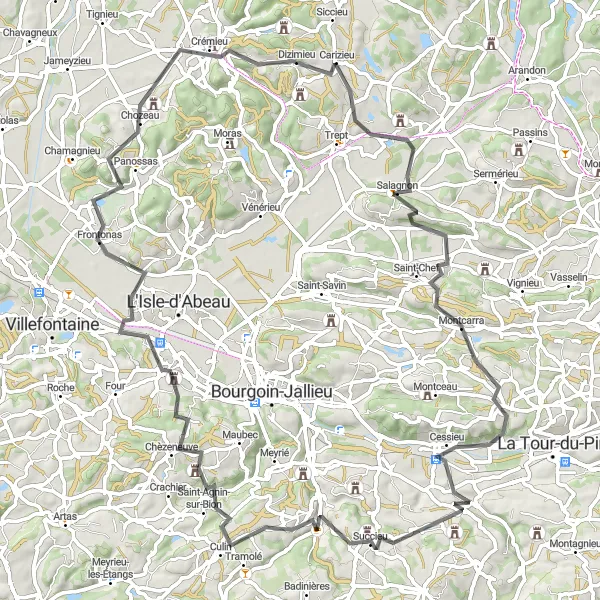 Mapa miniatúra "Okruh do kopcov s výhľadmi na Culin a Dizimieu" cyklistická inšpirácia v Rhône-Alpes, France. Vygenerované cyklistickým plánovačom trás Tarmacs.app