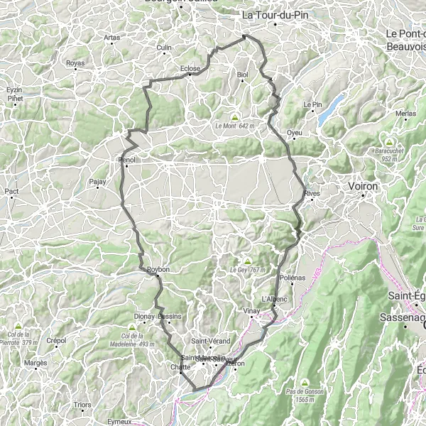 Mapa miniatúra "Veľká cyklotúra okolo Saint-Victor-de-Cessieu" cyklistická inšpirácia v Rhône-Alpes, France. Vygenerované cyklistickým plánovačom trás Tarmacs.app