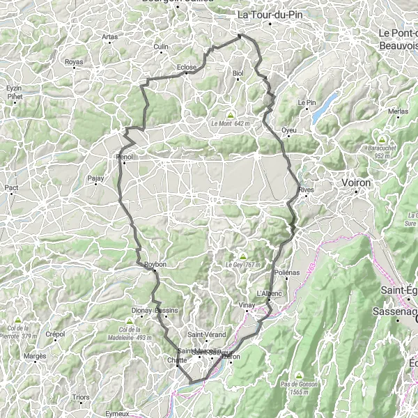 Karttaminiaatyyri "Pitkä maantiepyöräilyreitti Saint-Victor-de-Cessieusta" pyöräilyinspiraatiosta alueella Rhône-Alpes, France. Luotu Tarmacs.app pyöräilyreittisuunnittelijalla