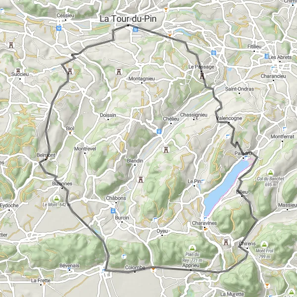 Zemljevid v pomanjšavi "Izzivajoča pot skozi Valencogne" kolesarske inspiracije v Rhône-Alpes, France. Generirano z načrtovalcem kolesarskih poti Tarmacs.app