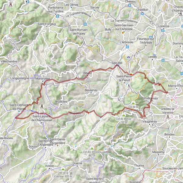 Miniatua del mapa de inspiración ciclista "Aventura en bicicleta de grava hacia Sain-Bel" en Rhône-Alpes, France. Generado por Tarmacs.app planificador de rutas ciclistas