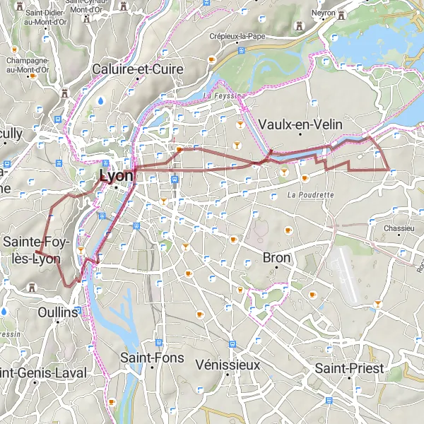Miniatua del mapa de inspiración ciclista "Ruta de Grava hacia Vaulx-en-Velin" en Rhône-Alpes, France. Generado por Tarmacs.app planificador de rutas ciclistas