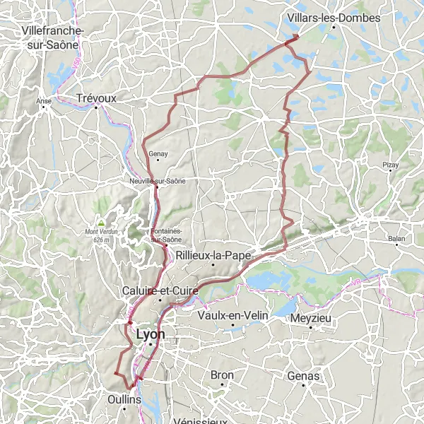 Miniatua del mapa de inspiración ciclista "Aventura en Grava hacia Monthieux" en Rhône-Alpes, France. Generado por Tarmacs.app planificador de rutas ciclistas