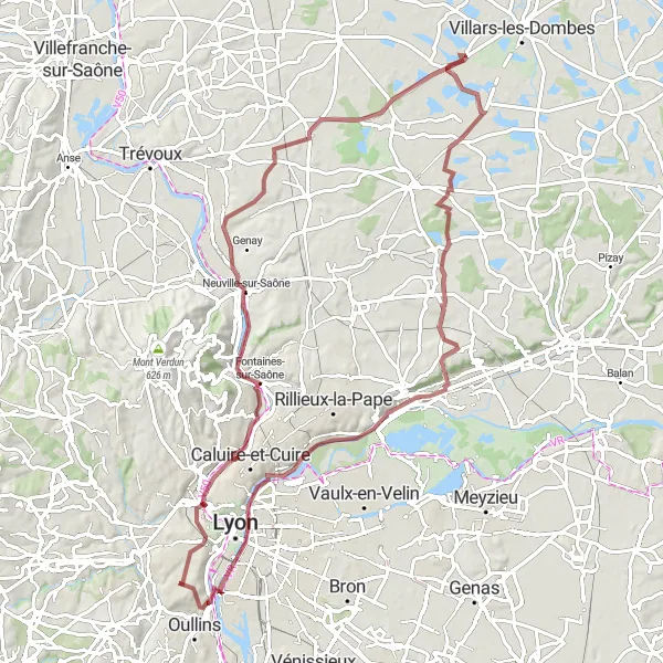 Map miniature of "Ste-Foy to Lyon via Monthieux and Tramoyes" cycling inspiration in Rhône-Alpes, France. Generated by Tarmacs.app cycling route planner