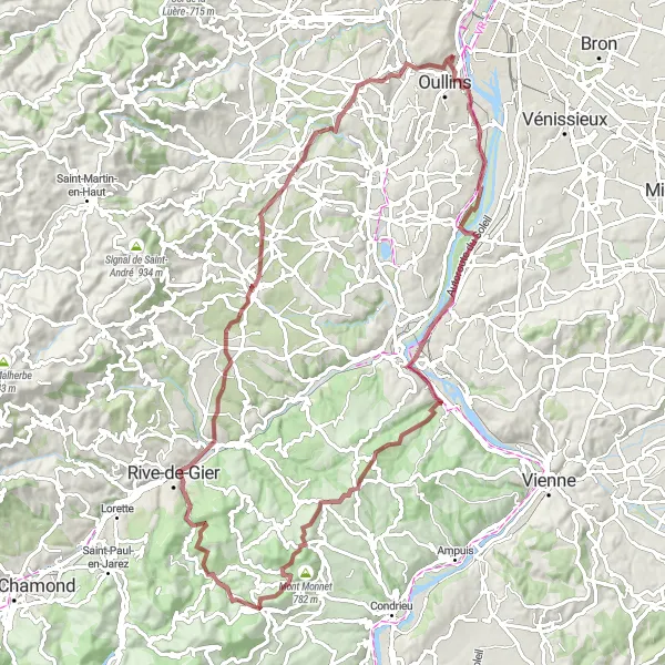 Miniatura della mappa di ispirazione al ciclismo "Il Giro dei Monti del Rodano" nella regione di Rhône-Alpes, France. Generata da Tarmacs.app, pianificatore di rotte ciclistiche